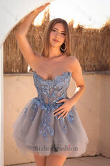 Grey Blue Homecoming Dress A Line Strapless Tulle Short Cocktail Dress With Appliques