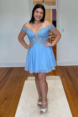 Grey Blue Homecoming Dresses Corset A-Line Chiffon Short Cocktail Dresses with Lace
