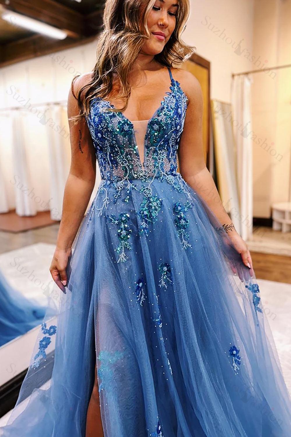 Grey Blue Prom Dress Floral Spaghetti Straps Formal Dress With Slit