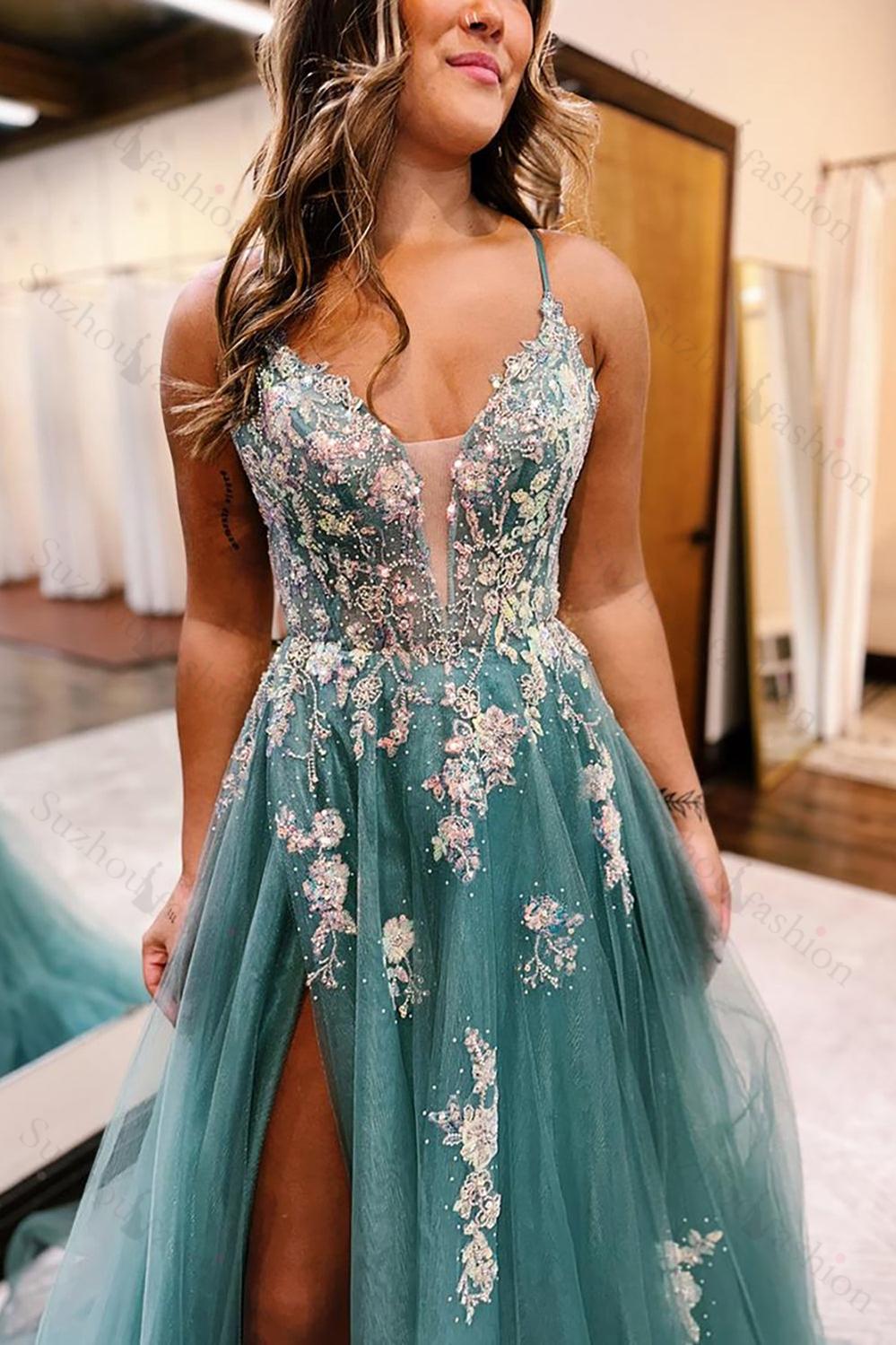 grey floral prom dress Berylove Women Silver Grey Wedding Party Guest Dress with Slit A Line Floral Embroidery Maxi Dress