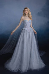 Grey Corset Dress A Line Sweetheart Tulle Prom Dress with Beadings and Rhinestones