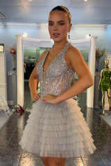 Grey Homecoming Dresses A Line Halter Tiered Short Corset Prom Dress