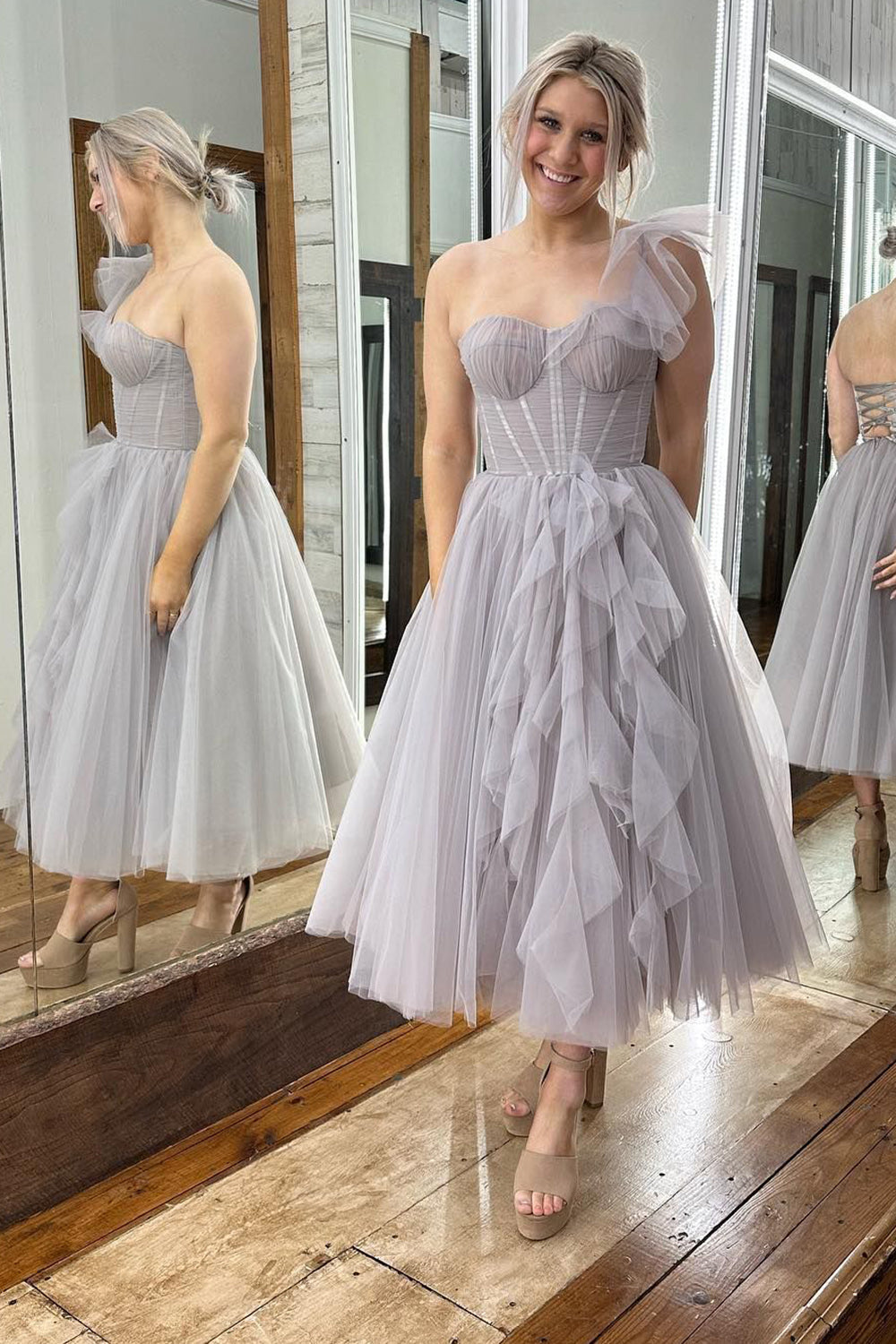Grey Homecoming Dresses Corset One Shoulder Tulle Prom Dress with Ruffles