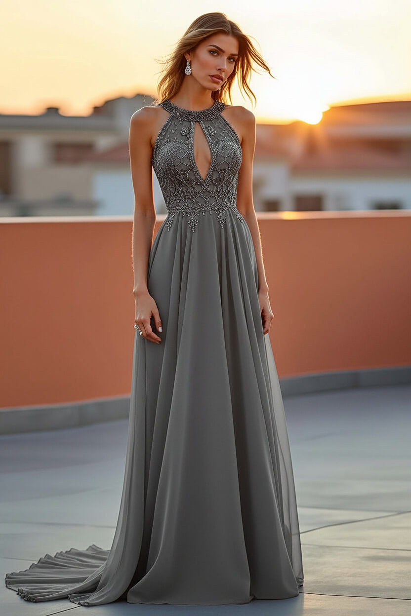 Beaded Navy Wedding Guest Dress Halter Long Formal Dress With Embroideries