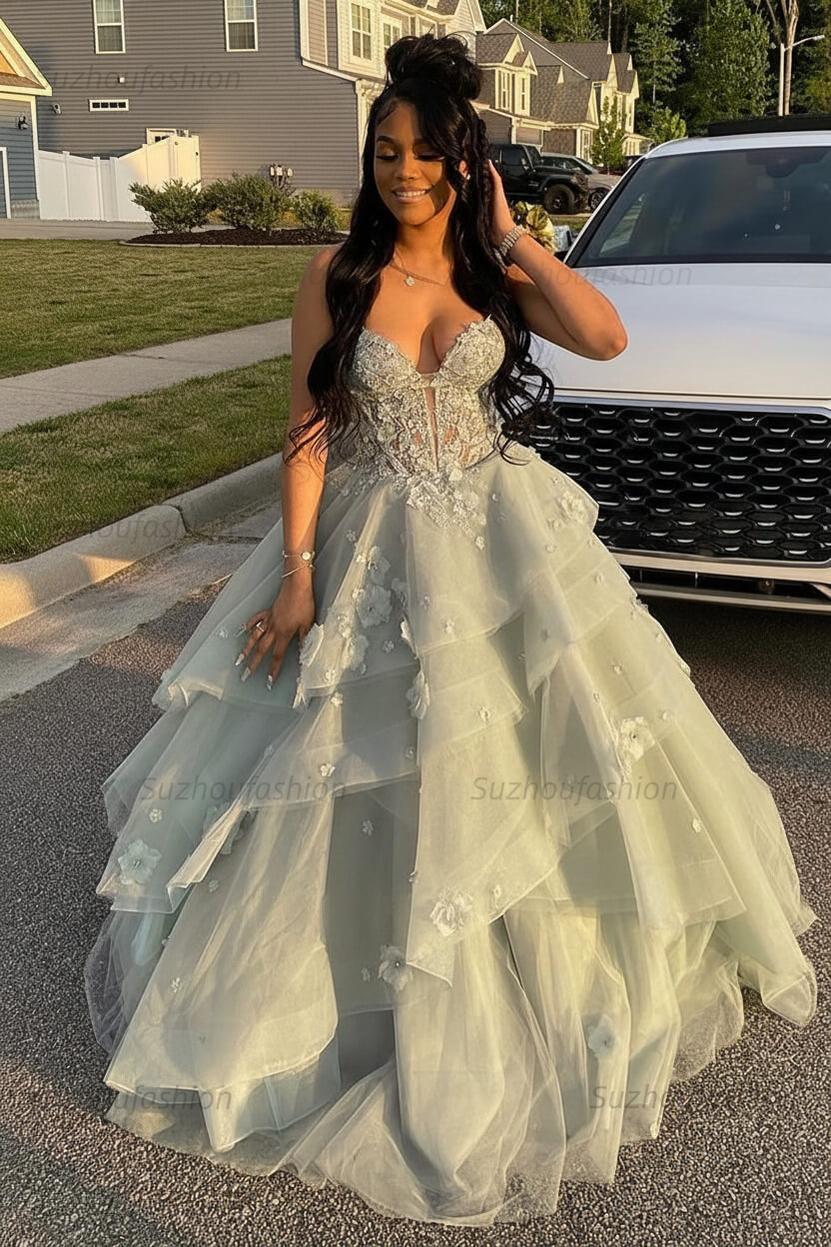 Suzhoufashion Women Sage Prom Dress Floral Tiered Ruffles A-Line Sweetheart  Corset Long Formal Dress  suzhoufashion