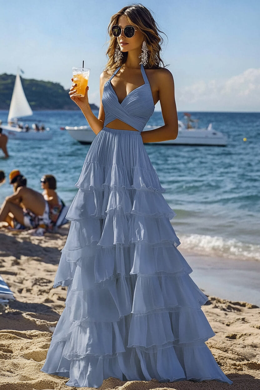 Halter Tiered White 2 Piece Ruffled Formal Dress