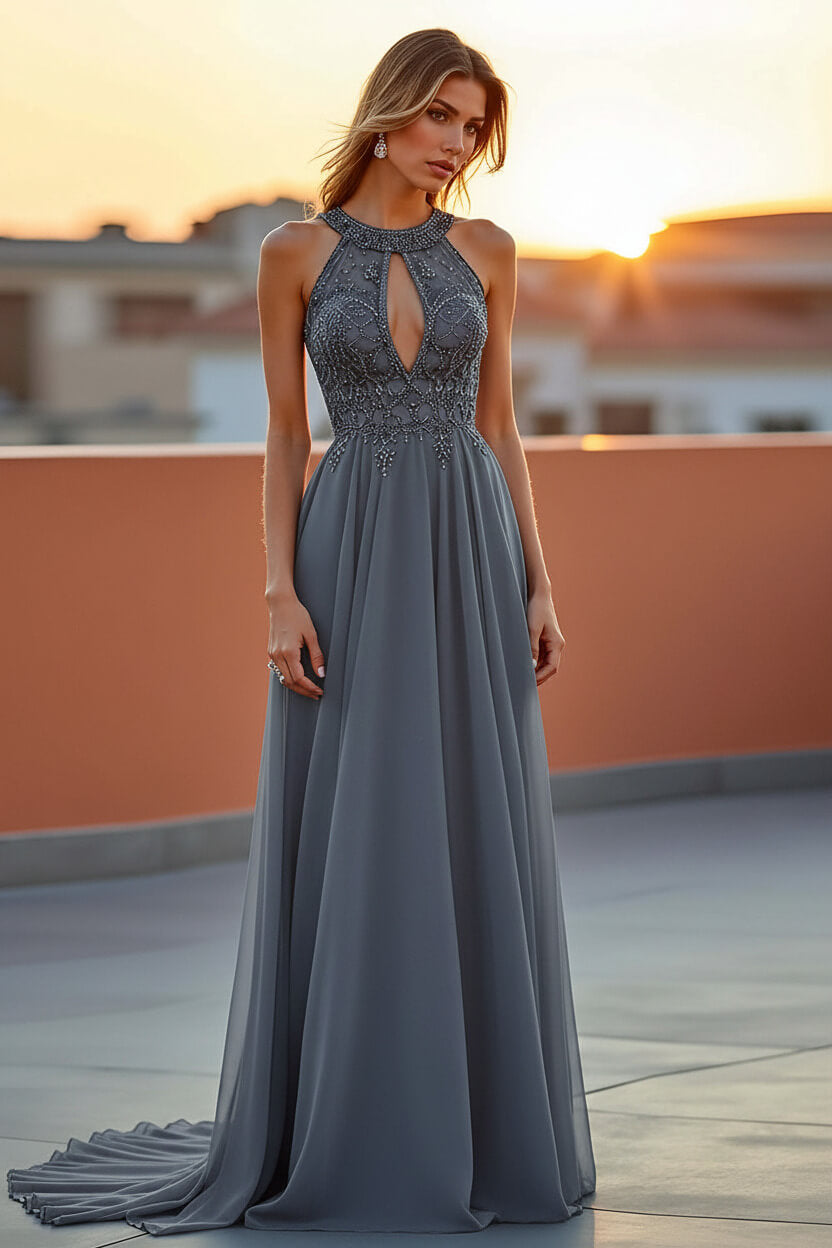 Beaded Navy Wedding Guest Dress Halter Long Formal Dress With Embroideries