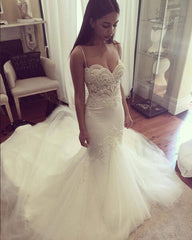 Grgeous Spaghetti-Straps Lace Wedding Dress Mermaid Long Tulle Bridal Gowns