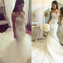 Grgeous Spaghetti-Straps Lace Wedding Dress Mermaid Long Tulle Bridal Gowns