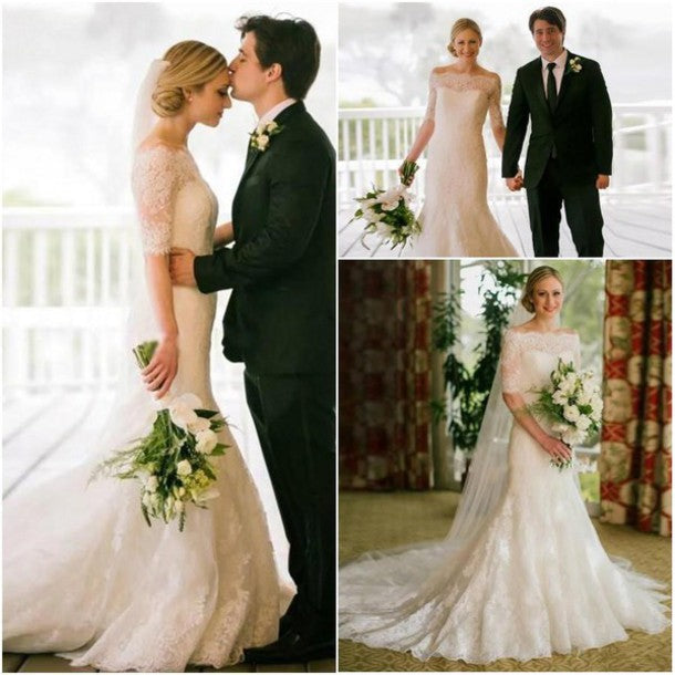 Half Sleeve Bateau Lace Wedding Dress Sheath Court Train Bridal Gown