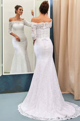 Half Sleeves Bride Dress Lace Simple Sweep Train Off-the-shoulder Lace-up Sheath Column Wedding Dress