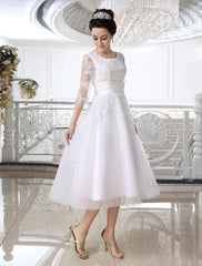 Half Sleeves Jewel Tulle Lace Knee-Length Ruffles Beach Wedding Dresses