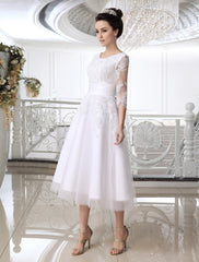 Half Sleeves Jewel Tulle Lace Knee-Length Ruffles Beach Wedding Dresses