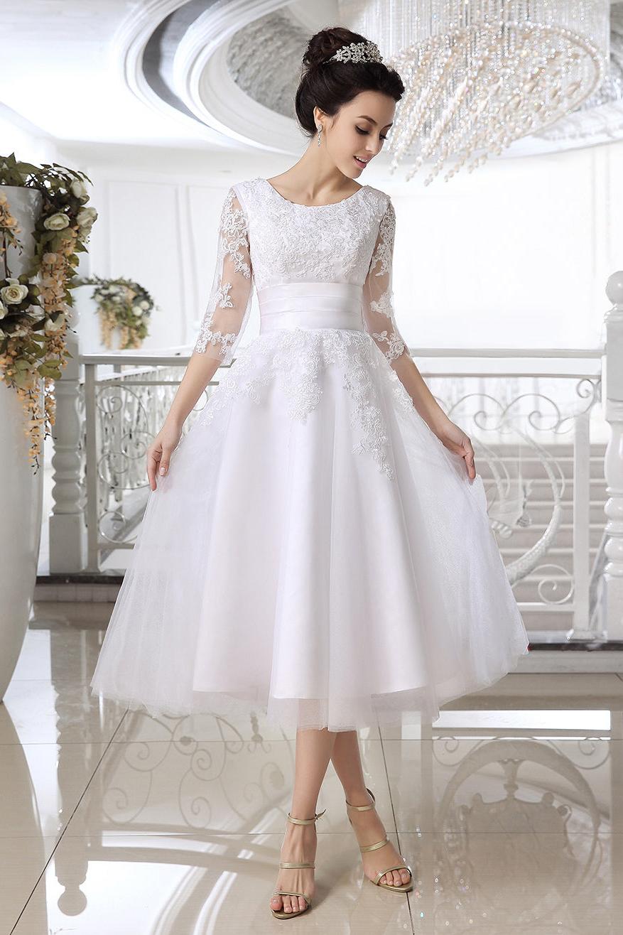 Half Sleeves Jewel Tulle Lace Knee-Length Ruffles Beach Wedding Dresses