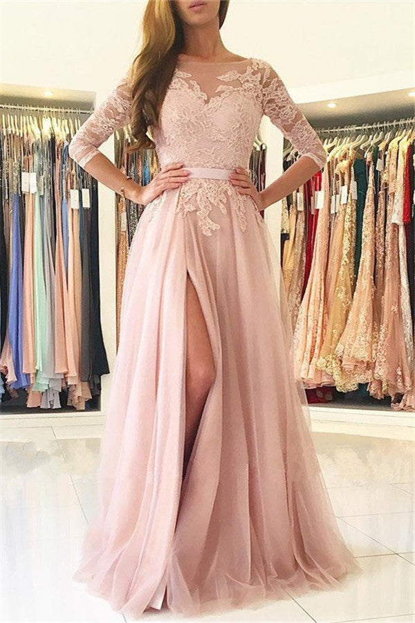 Half Sleeves Lace Appliques Pink Evening Dresses Front Split Tulle Prom Dress BA7488