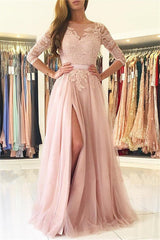 Half Sleeves Lace Appliques Pink Evening Dresses Front Split Tulle Prom Dress BA7488