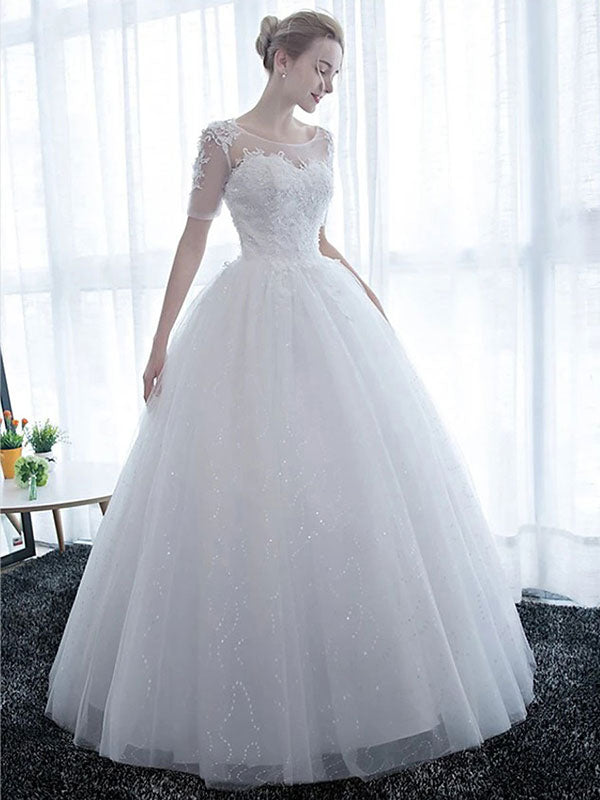 Half Sleeves Tulle White Lace Ruffles Ball Gown Wedding Dresses