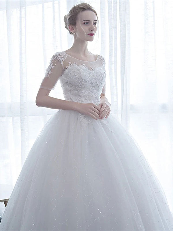 Half Sleeves Tulle White Lace Ruffles Ball Gown Wedding Dresses