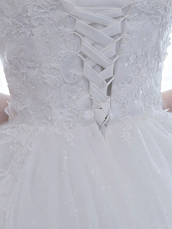 Half Sleeves Tulle White Lace Ruffles Ball Gown Wedding Dresses