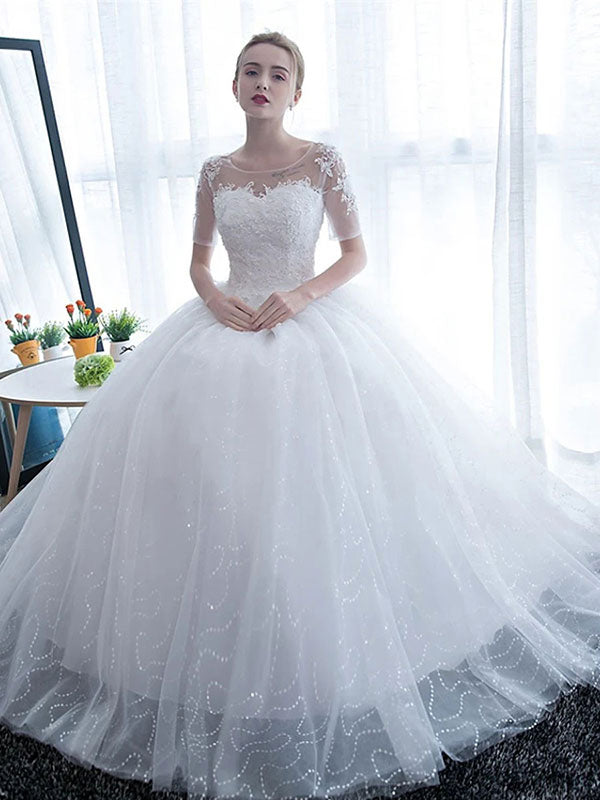 Half Sleeves Tulle White Lace Ruffles Ball Gown Wedding Dresses