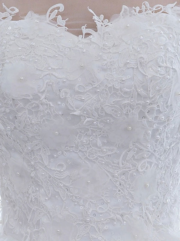 Half Sleeves Tulle White Lace Ruffles Ball Gown Wedding Dresses