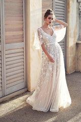Half Sleeves V Neck Tulle Lace Appliques Backless Wedding Dresses