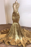 Halter Backless Gold Prom Dresses with Beads Appliques Mermaid Velvet Sexy Evening Gowns