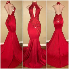 Halter Backless Sexy Prom Dresses with Lace Appliques Mermaid Sleeveless Evening Gown BA7768