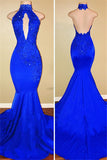 Halter Backless Sexy Prom Dresses with Lace Appliques Mermaid Sleeveless Evening Gown BA7768