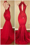 Halter Backless Sexy Prom Dresses with Lace Appliques Mermaid Sleeveless Evening Gown BA7768
