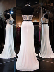 Halter Beading Chiffon Long Prom Dresses Crystal Two Piece Slit Party Gowns