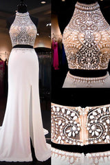 Halter Beading Chiffon Long Prom Dresses Crystal Two Piece Slit Party Gowns