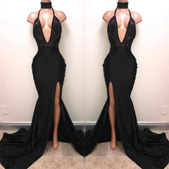 Halter Deep V-neck Black Prom Dresses | Sexy Slit Sleeveless Evening Dress