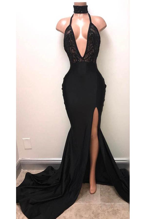Halter Deep V-neck Black Prom Dresses | Sexy Slit Sleeveless Evening Dress