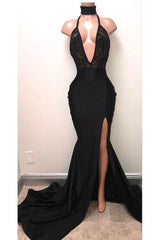 Halter Deep V-neck Black Prom Dresses | Sexy Slit Sleeveless Evening Dress