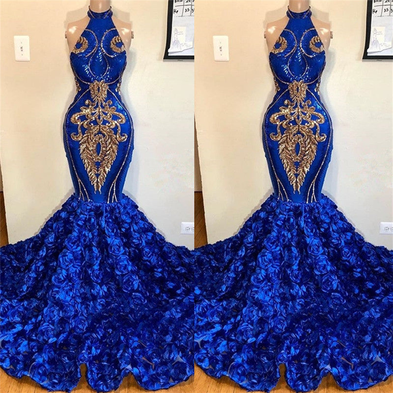 Halter Gold Appliques Royal Blue Mermaid Floral Prom Dress BC1213