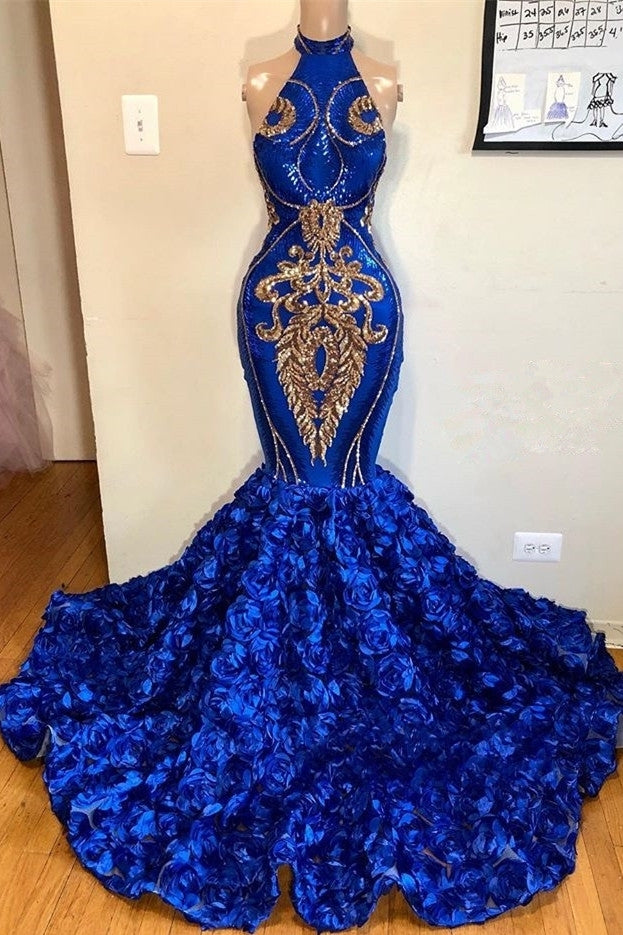 Halter Gold Appliques Royal Blue Mermaid Floral Prom Dress BC1213