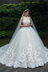 Halter Lace Appliques Ball Gown Wedding Dresses | Gorgeous Sleeveless Bridal Dresses