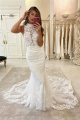 Halter Lace Appliques Mermaid Wedding Dresses | Glamorous Sleeveless Bridal Dresses Online