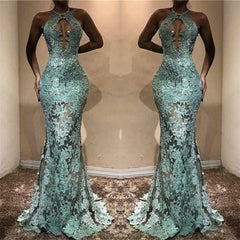 Halter Lace See Through Prom Dresses Mermaid Sleeveless Evening Gown FB0198