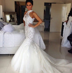 Halter Long Sleeveless Mermaid Sexy Tulle Applique Wedding Dresses