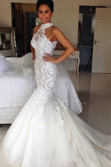 Halter Long Sleeveless Mermaid Sexy Tulle Applique Wedding Dresses