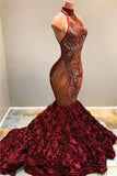 Halter Mermaid Flowers Burgundy Prom Dresses | Full Beads Sequins Luxury Evening Dress bc1634