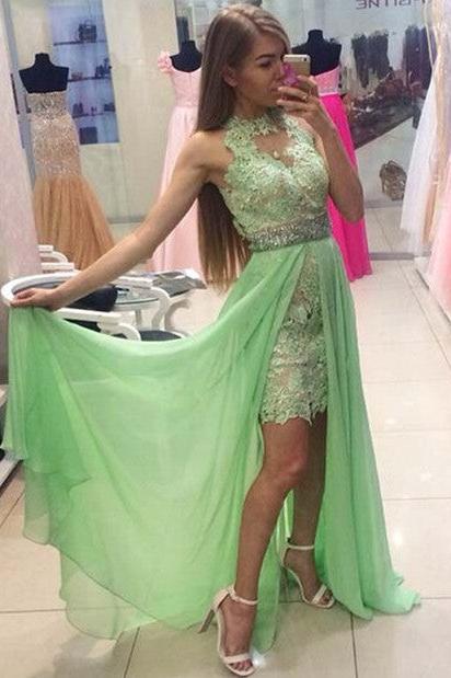 Halter Mint Green Chiffon Prom Dresses Gorgeous Lace Baeding Evening Gowns