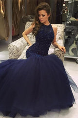 Halter Navy Blue Mermaid Tulle Evening Dress Beading Prom Dresses BA0564