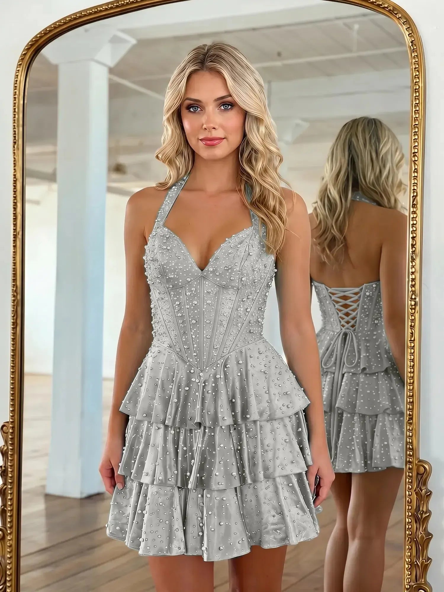 Halter Neck Pearl Beaded Tiered Short Homecoming Dresses