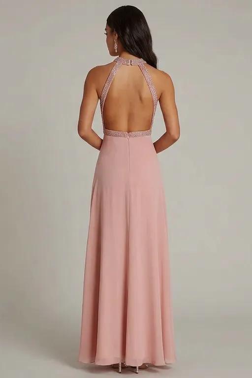 Suzhoufashion Halter Neck Pink Wedding Guest Dress Beaded Long Formal Dress