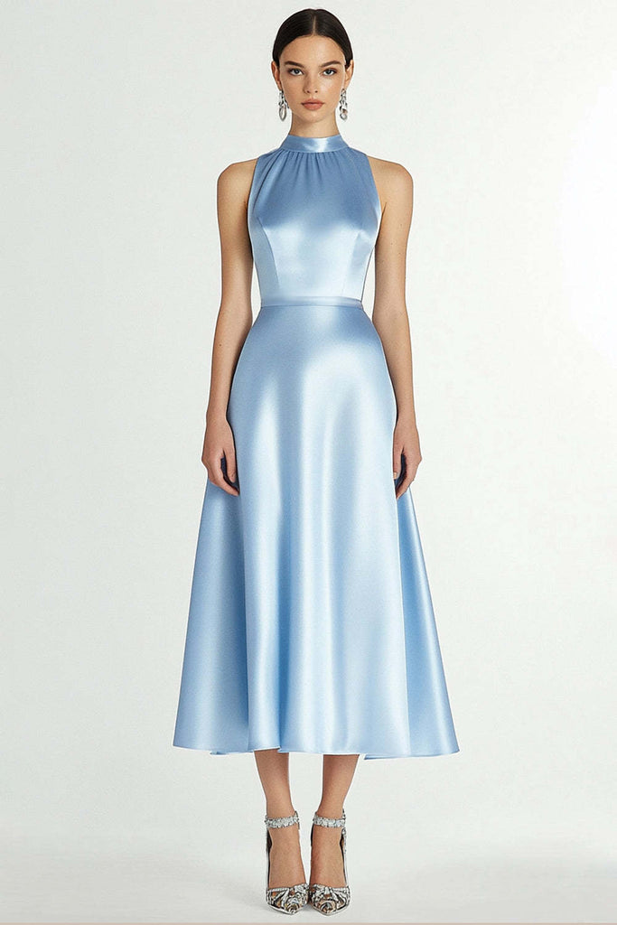 Suzhoufashion Halter Neck Satin A Line Blue Wedding Guest Dress Tea Length Formal Dress Suzhoufashion Halter Neck Satin A Line Blue Wedding Guest Dress Tea Length Formal Dress