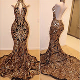 Halter Open Back Gold Sequins Appliques Prom Dresses Mermaid bc1179