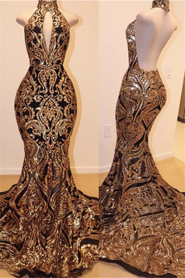 Halter Open Back Gold Sequins Appliques Prom Dresses Mermaid bc1179